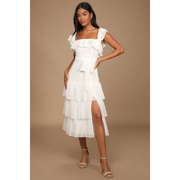 Lulus Dear To My Heart White Swiss Dot Tiered Ruffled Midi Dress - Size M - Picture 1 of 4